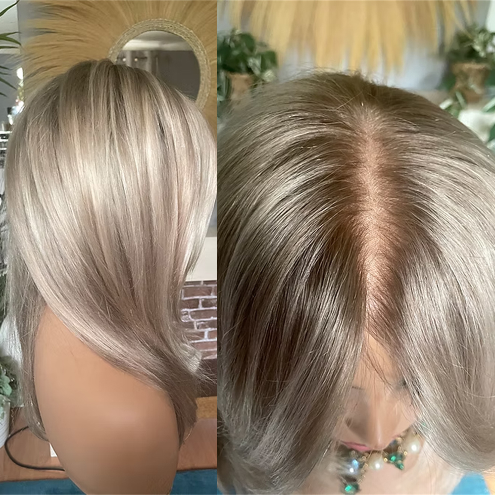 Синтетический парик Ombre Icy Blonde с HD-кружевной передней частью для женщин, с эффектом пепельных корней, легко надеваемый, предварительно проработанный, короткий прямой многослойный парик-боб