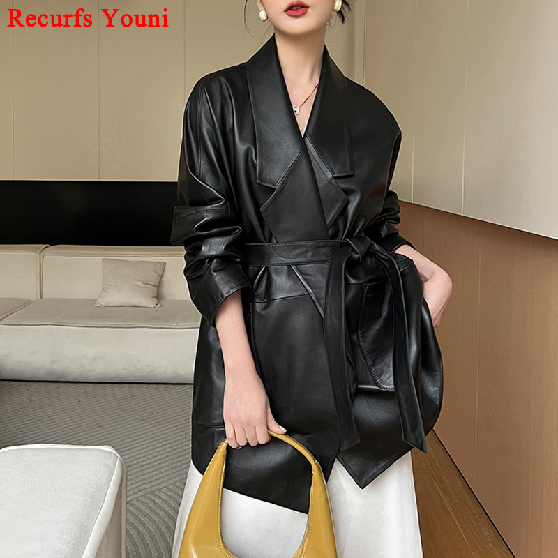 Chaqueta de cuero genuino para Mujer, ropa blanca coreana, abrigo elegante con cinturón y cuello a medida, de gran tamaño, novedad en prendas de vestir exteriores