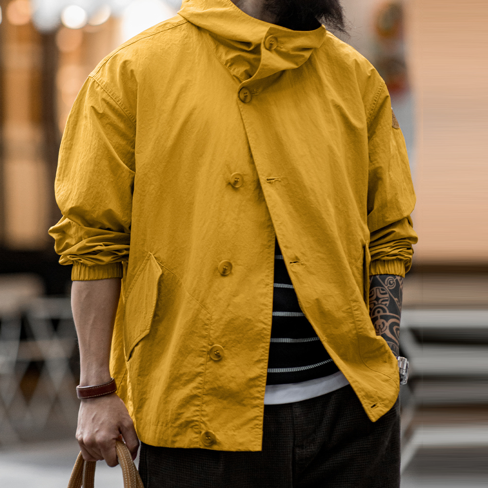 Maden Vintage effen kleur dunne capuchon Outdoor losse jas met enkele rij knopen Heren all-match bovenkleding voor herfst en winter