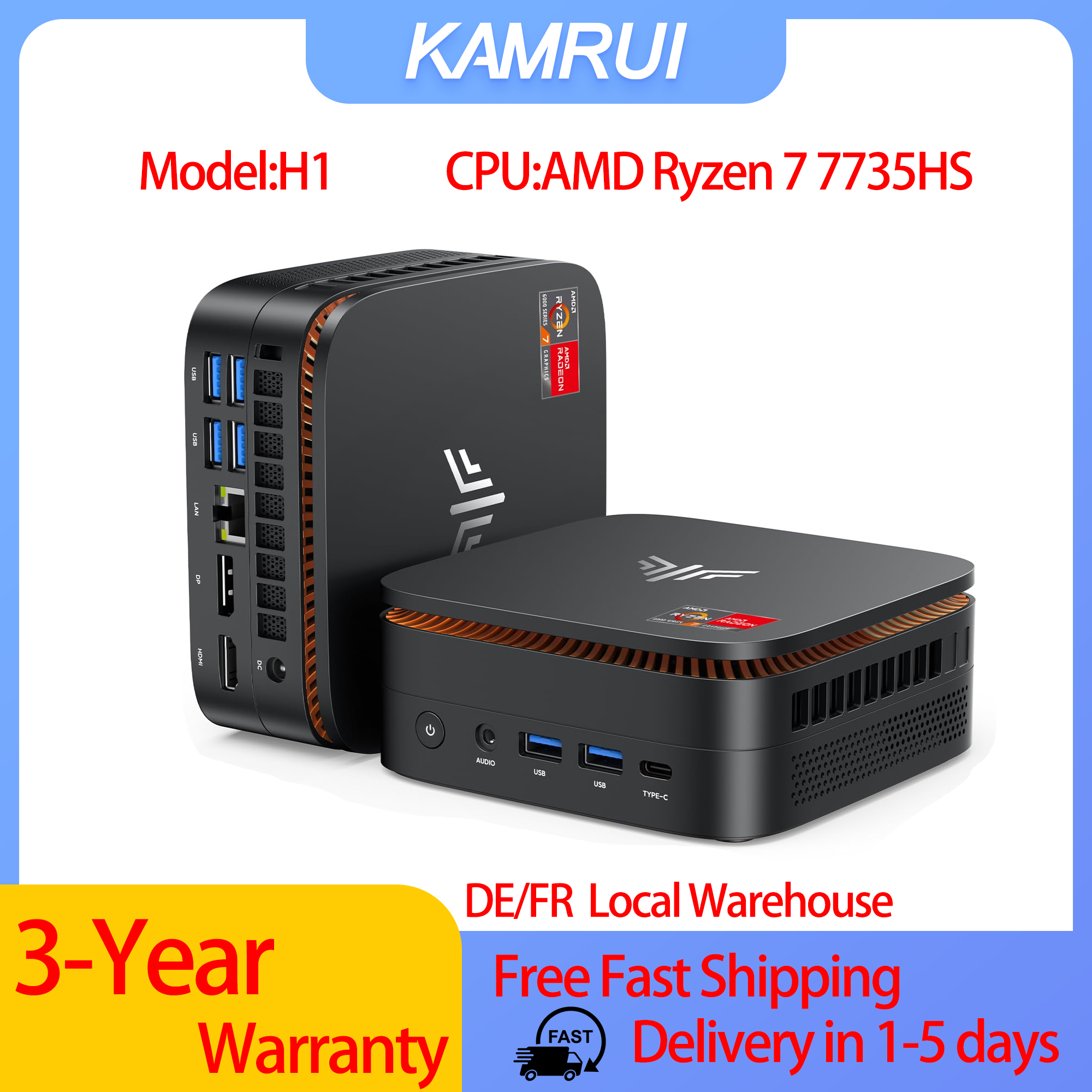 KAMRUI H1 Mini Komputer do Gier AMD Ryzen 7 7735HS 24GB LPDDR5 RAM 1TB SSD Mini PC Potrójny Wyświetlacz 4K WiFi6 BT5.2 Mini Komputer Stacjonarny