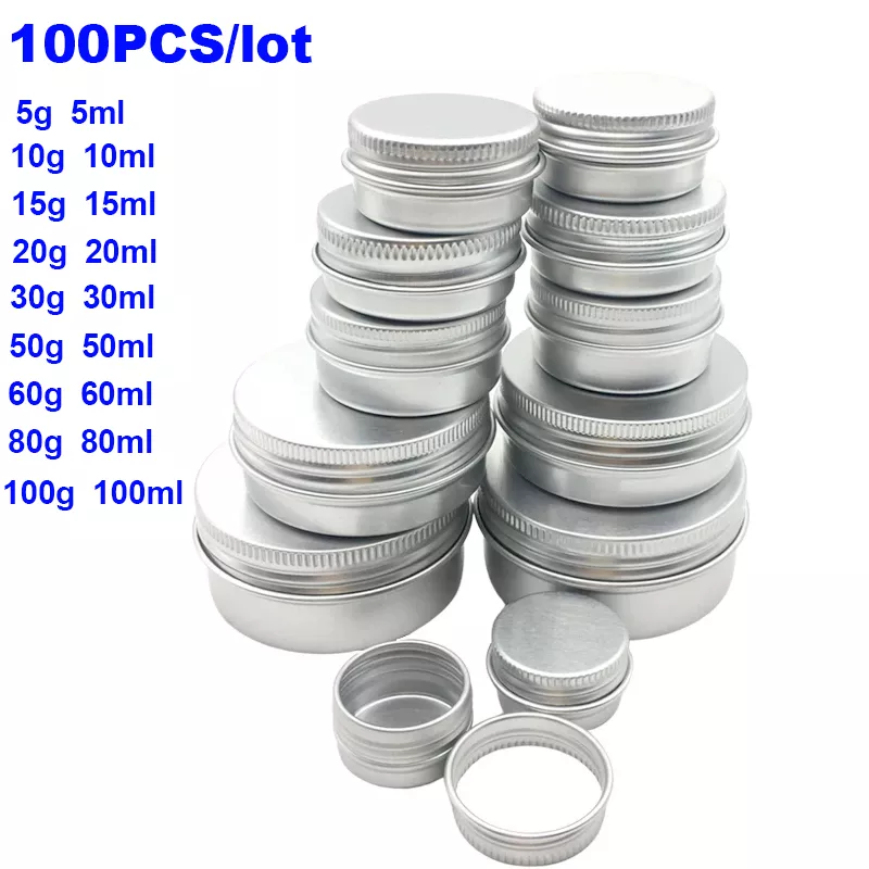 100 SZTUK Aluminiowe słoiki blaszane 5g 10g 15g 20g 30g 50g 60g 100g Metalowe puste kosmetyczne opakowanie do pielęgnacji twarzy Krem pod oczy Balsam do ust Błyszczyk