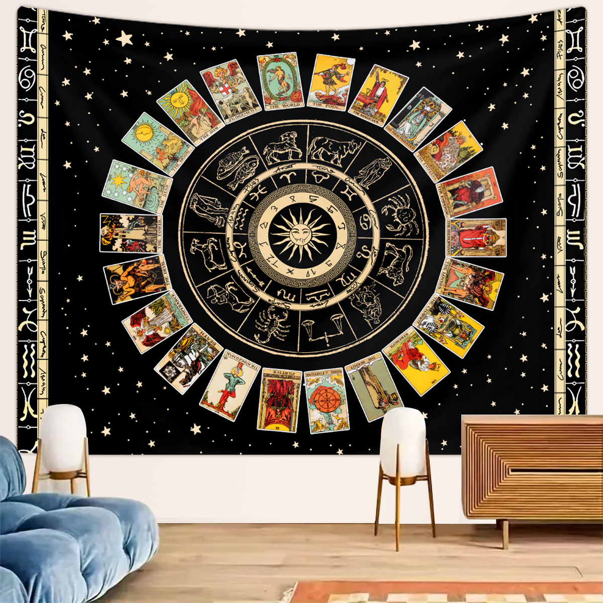 Arazzo con carta dei tarocchi da 1 pezzo, arazzo con dodici costellazioni, arazzo con cielo stellato, sole, luna, set da divinazione per stregoneria dell'altare