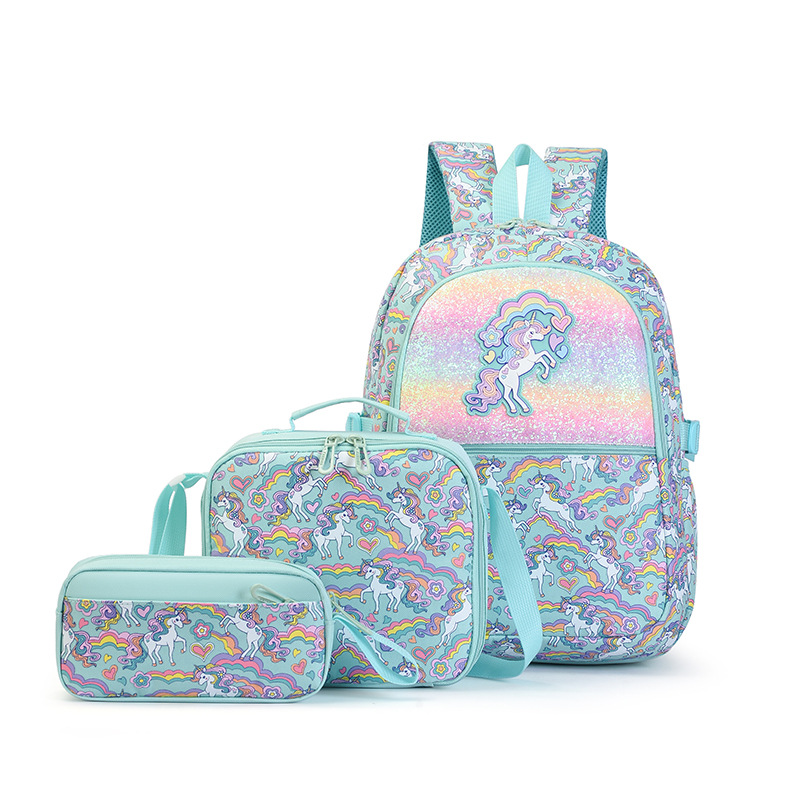 Sac à dos licorne arc-en-ciel, 3 pièces/ensemble, multi-poches, grande capacité, sac à dos d'école pour filles et adolescentes