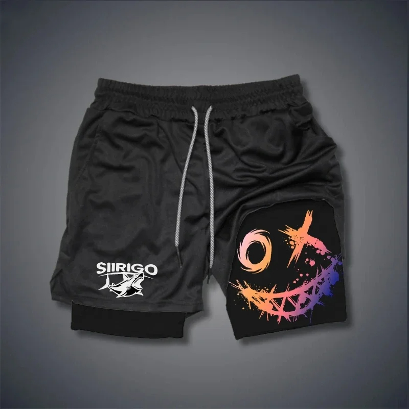 Pantalones cortos deportivos con estampado de cara sonriente para hombre, Shorts deportivos de entrenamiento de ocio al aire libre, 2 en 1, de doble capa, de secado rápido, 2024