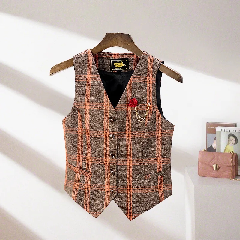 Blazer coréen pour femmes, haut de gamme, gilet décontracté, gilet, grille bleue, veste courte sans manches, nouvelle collection 2024