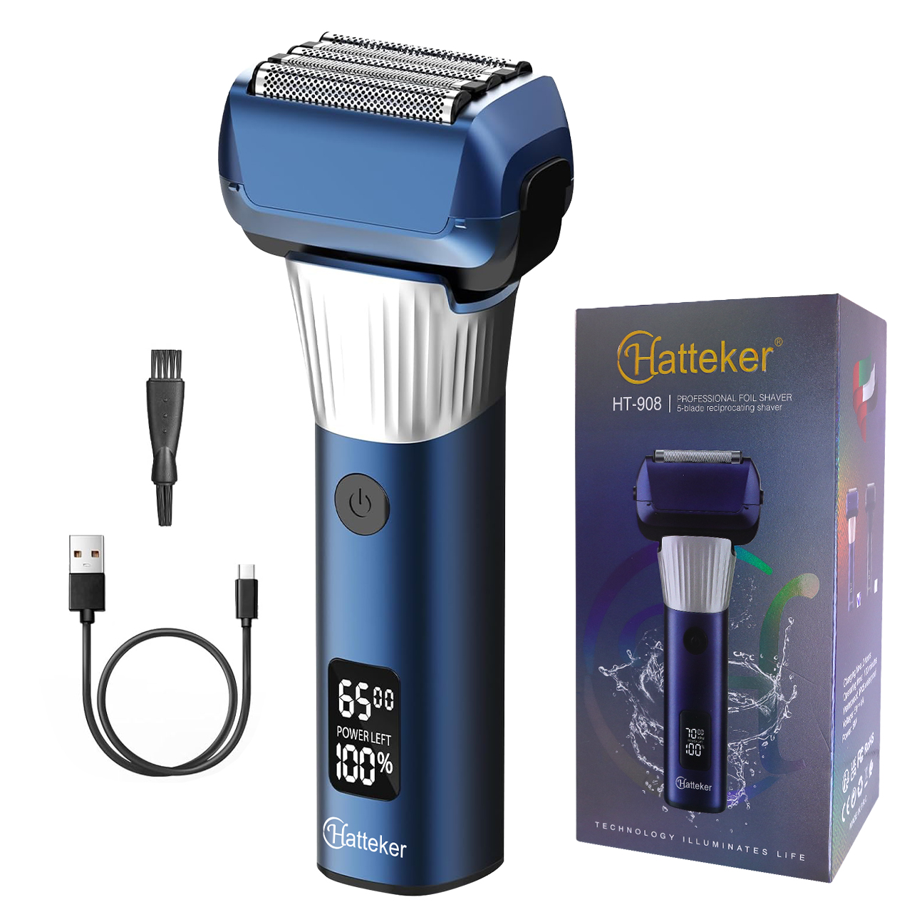 Hatteker 5-blads baardtrimmer voor mannen Professioneel foliescheerapparaat Waterdicht elektrisch scheerapparaat met LED-display USB oplaadbaar