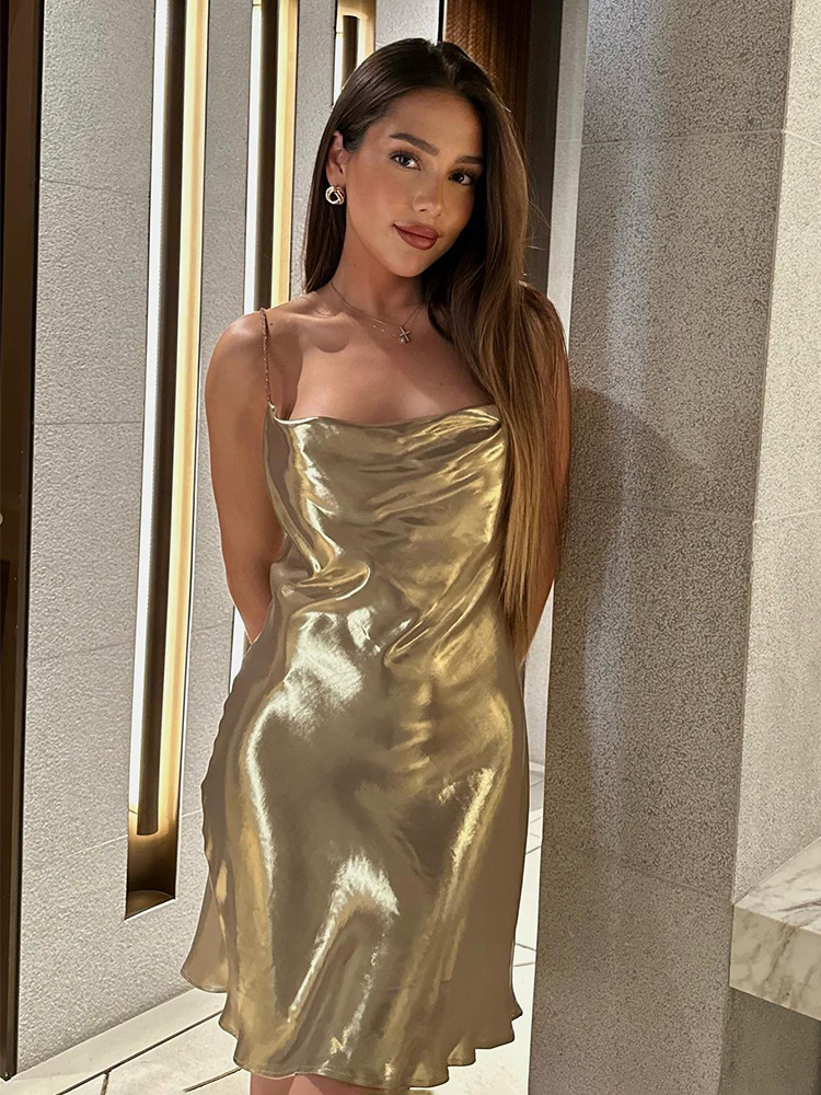 HH Women's Sexy Shinning Metallic Color Slip Mini Dress Woman Fashion Spaghetti Strap Pleated V-neck Slim Party Dresses