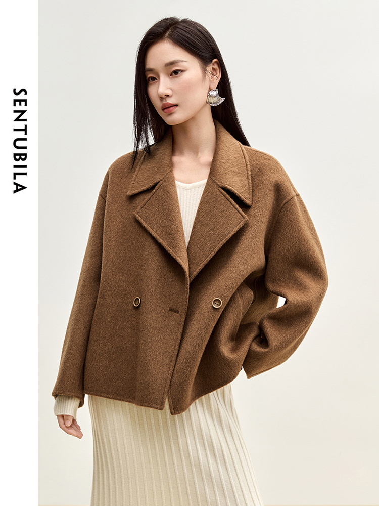 SENTUBILA, chaquetas cortas de lana para invierno, prendas de vestir exteriores para mujer, moda 20224, cuello con muescas, abrigos sueltos de doble botonadura para mujer W44O56123