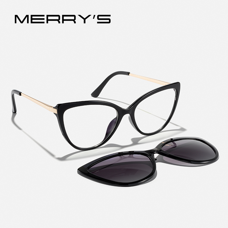 MERRYS DESIGN Bingkai Kacamata Klip Terpolarisasi Wanita Bingkai Kacamata Mata Kucing Antik dengan Kacamata Klip Terpolarisasi S2658