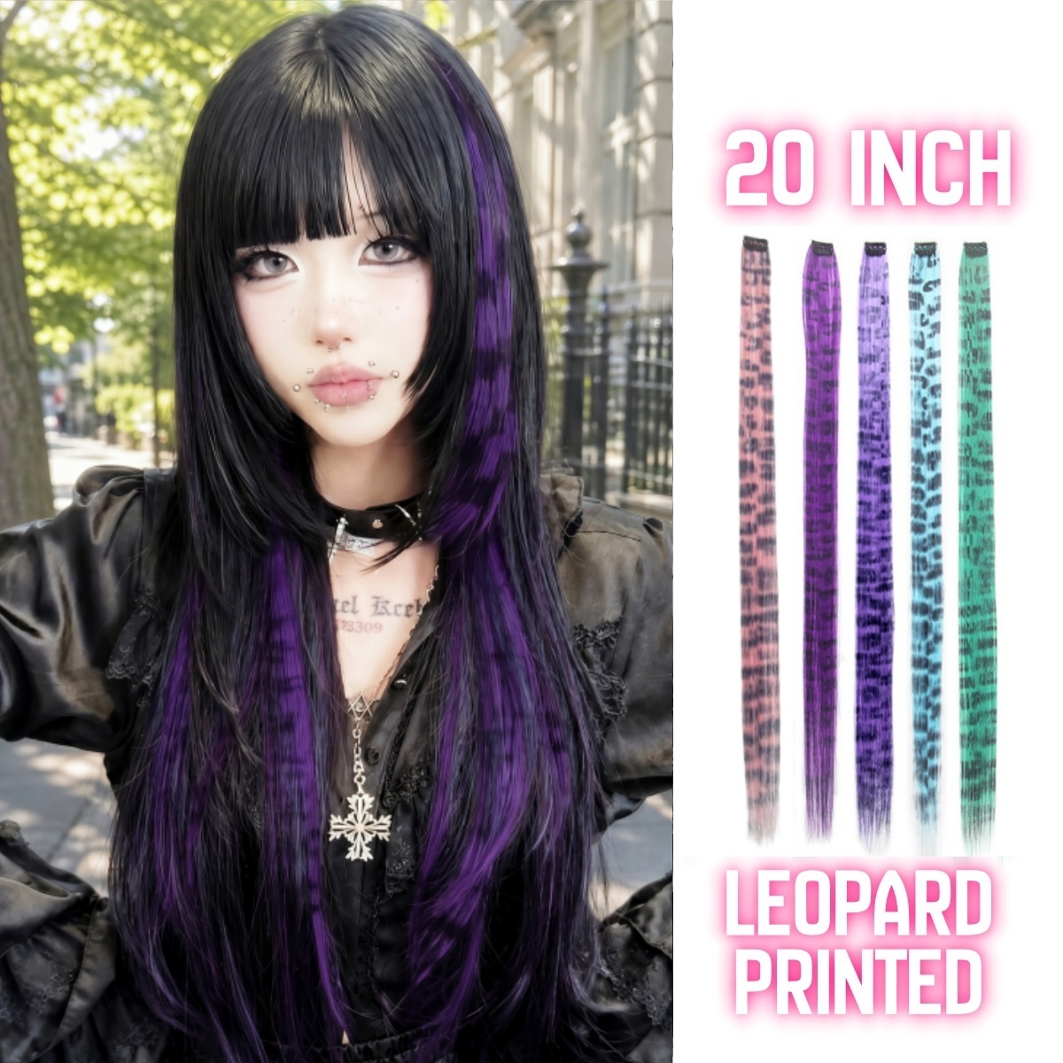 Extensions de cheveux synthétiques imprimées léopard colorées de 20 pouces, 2 ou 7 pièces, à clipser, pour Halloween, fête ou usage quotidien