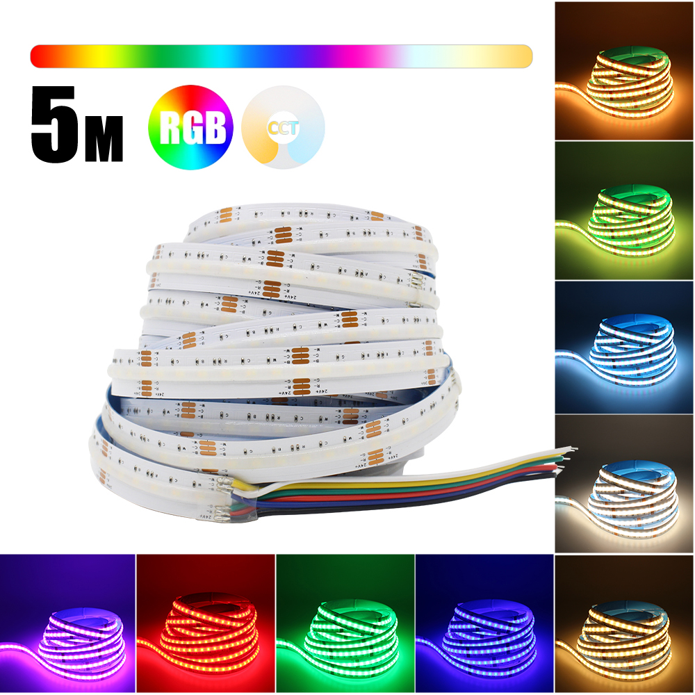 Tira de luces LED COB RGBCCT de 5M DC 24V 840LEDs/m RGB CCT sin puntos Flexible FCOB lámpara de cinta LED para iluminación de decoración de habitaciones