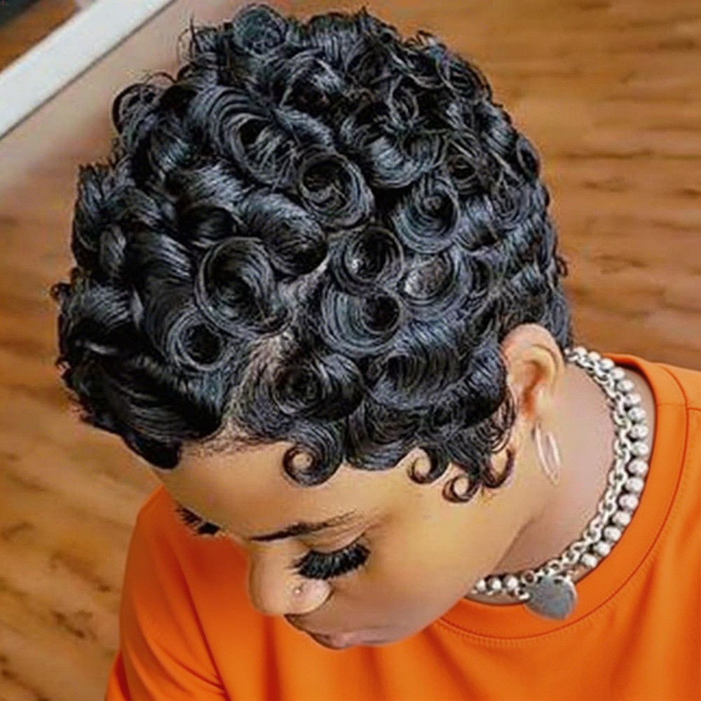 Peluca de Cabello Humano para Mujer, Corte Pixie, Hecha a Máquina, Corta, con Capas, Rizada, con Flequillo, Color Negro Natural, con Red de Seda, para Uso Diario