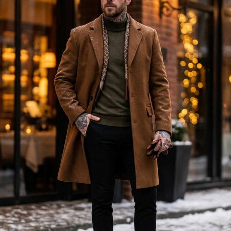 Nowy zimowy męski płaszcz typu trench z mieszanki wełny, przedłużona długość, jednorzędowy, biznesowy casual - dojrzały styl streetwear, płaszcz męski.