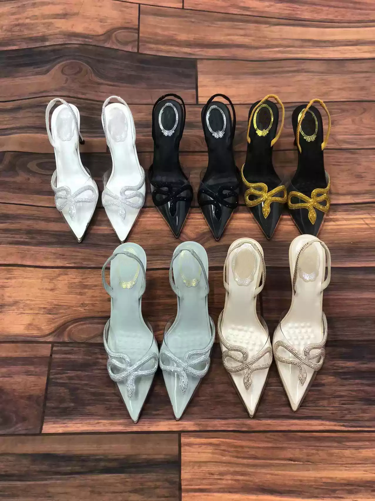 Zapatos de Tacón Alto Elegantes para Mujer, con Lazo de Pedrería Multicolor, Punta en Pico, Tacón de Aguja, Parte Superior Transparente, Ideales para Vestidos de Noche