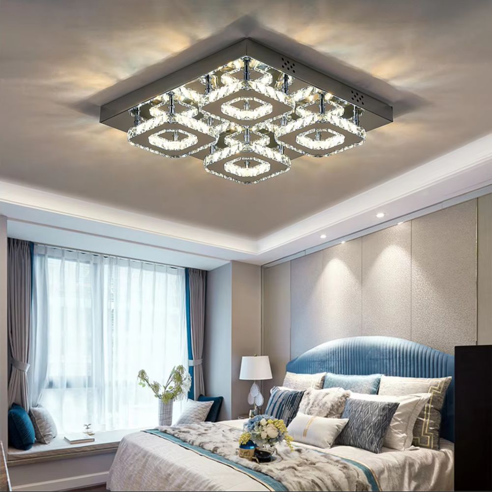 Lámpara colgante de araña de cristal, luz de techo LED de 48W, regulable con control remoto