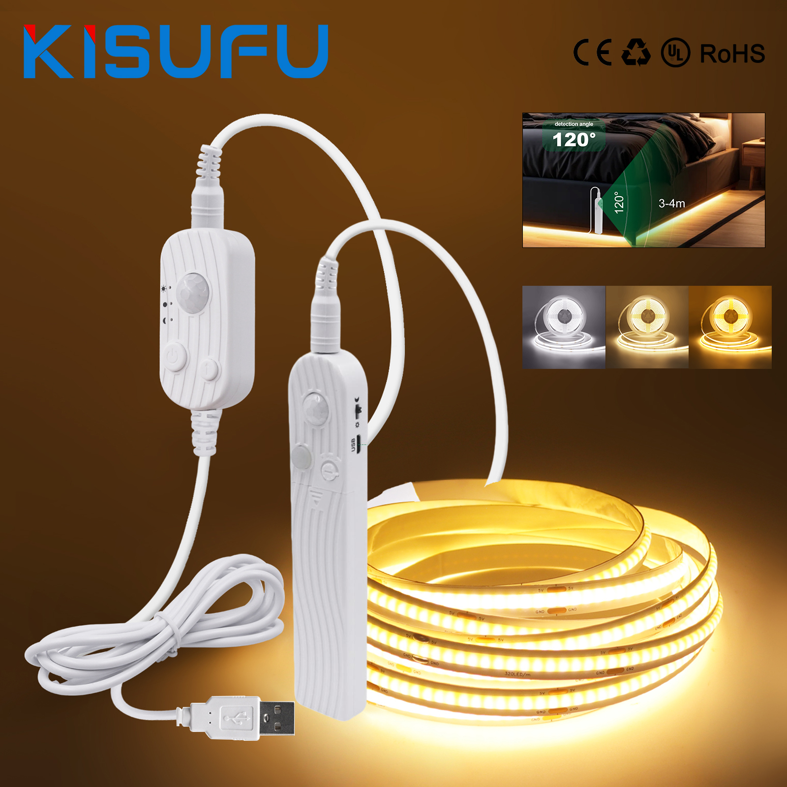 Tira de luces LED COB de 3MM, 5MM, 8MM, 5V, 320LED, Sensor de movimiento PIR, luz nocturna Flexible, cinta alimentada por batería USB/AAA 3000K 4000K 6000K