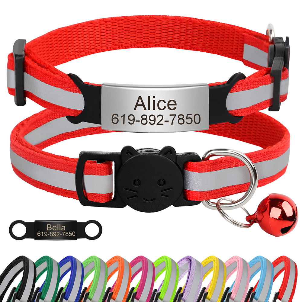 Collar de gato personalizado, Collar reflectante para gato, grabado gratis, cachorro, gatito, identificación de mascota, Collar con placa con campana antipérdida para gatos