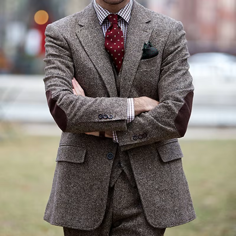 Męskie garnitury tweedowe w stylu vintage na zimę, brązowe tweedowe garnitury z naszywkami, kostium homme, eleganckie biznesowe formalne garnitury ślubne, 1 sztuka