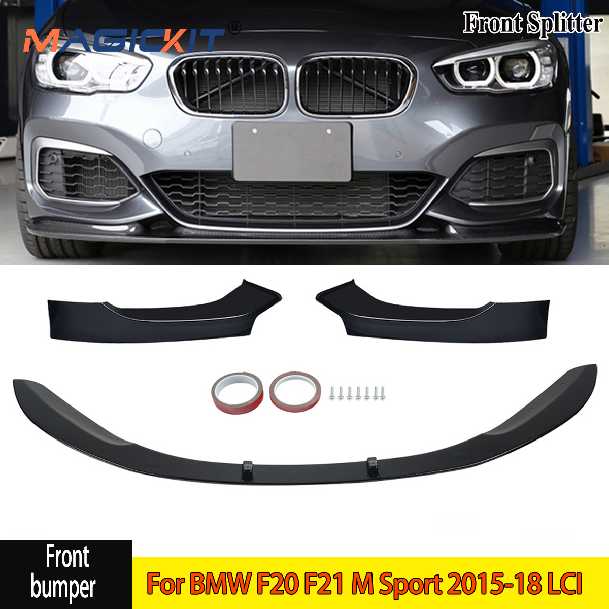ลิปสปอยเลอร์ด้านหน้าแบบสปอร์ตสำหรับ BMW 1ซีรีส์ F20 F21ม. กีฬา2015-2018สีดำมันวาวคุณภาพสูงพลาสติก ABS