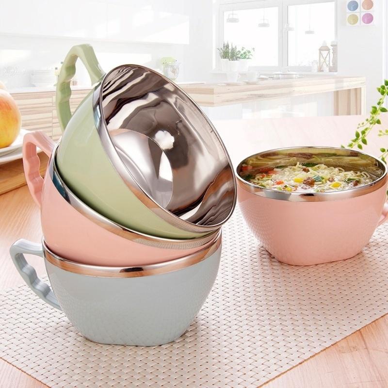 Cuenco de acero inoxidable con asa, cuenco para mezclar fideos instantáneos antiescaldado de Color sólido, vajilla de cocina, accesorio de comida, 1 Uds.