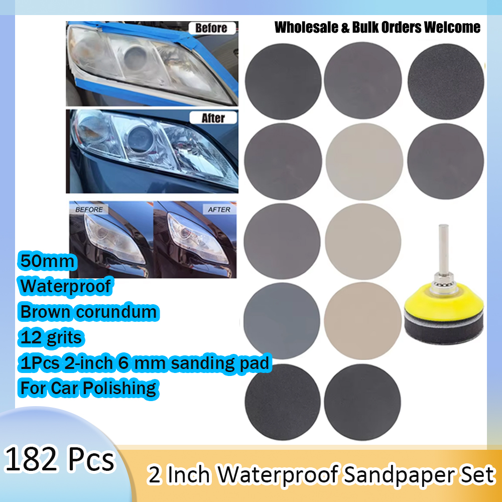 182PCS Car Headlight Polishing Sandpaper Kit 2 Inch Wet Dry Sanding Discs Sander Sheets with Backing Pad Soft Foam Buffering Pad