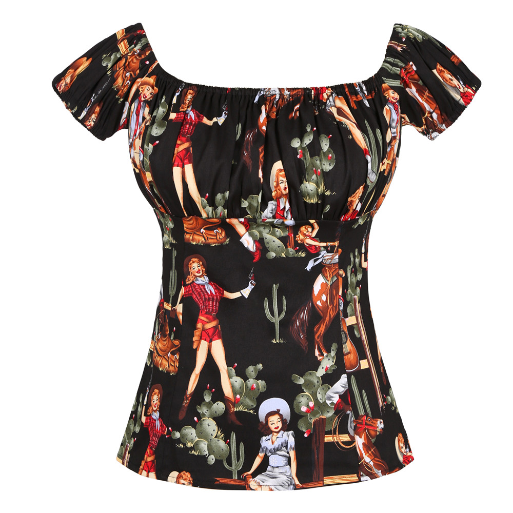 SISHION 2026 Baumwolle Bedruckte Damen 50er 60er Vintage T-Shirts WS0004 Rockabilly Schulterfrei Camisetas Lässige Y2K Tops Sommer-Blusen