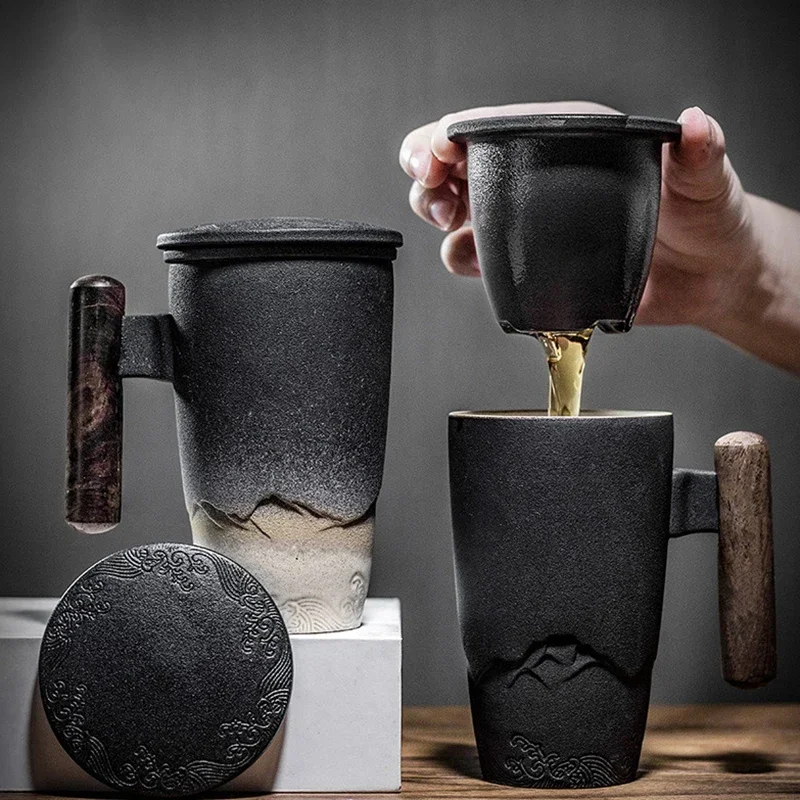 Tasse à thé rétro en céramique avec couvercle, grande capacité, filtre de bureau, tasse à eau noire, tasses de luxe, poignée en bois, boîte à idées cadeaux standardisées