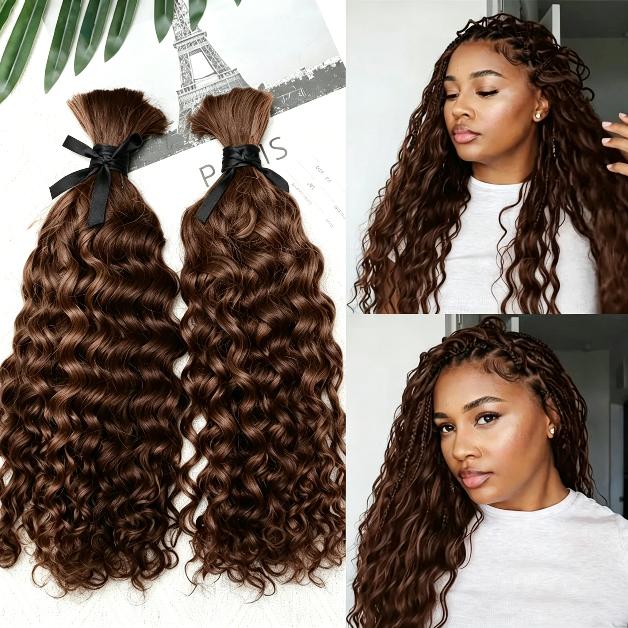 # 4 Bundel Rambut Deep Wave Keriting, Rambut Crochet Cokelat Tua, Rambut Asli Crochet Feather, Rambut Asli Crochet Miracle Knots Untuk Wanita