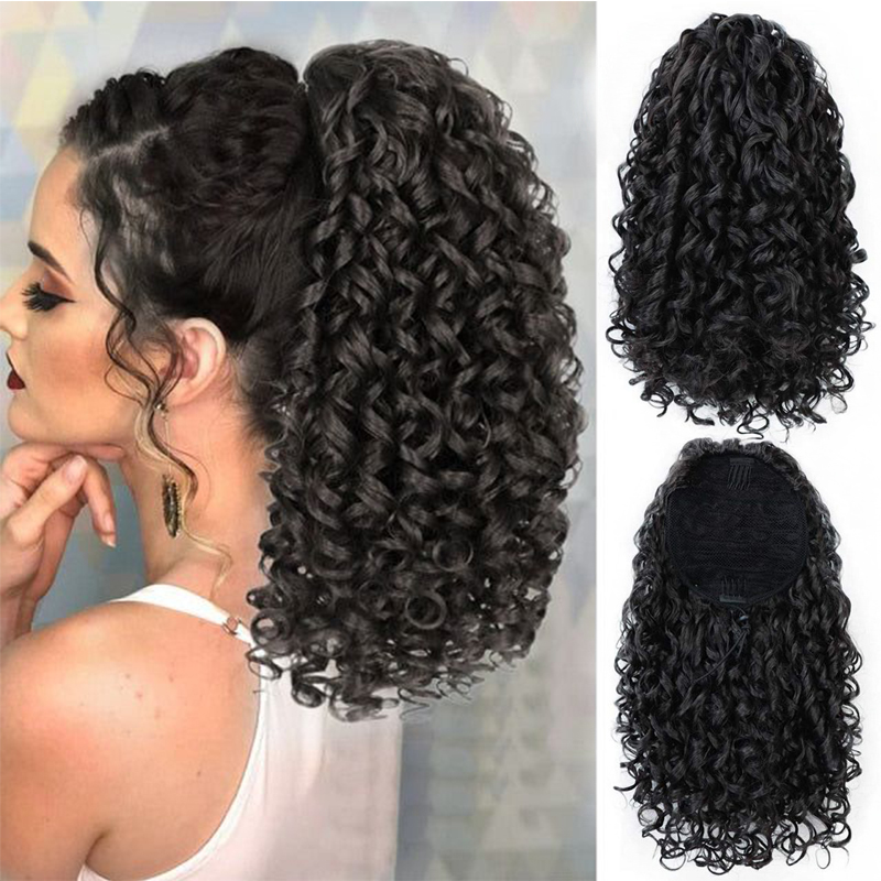 14 ''kinky encaracolado rabo de cavalo cabelo para mulheres curto fofo encaracolado cordão rabo de cavalo natural sintético afro encaracolado cauda falsa peruca