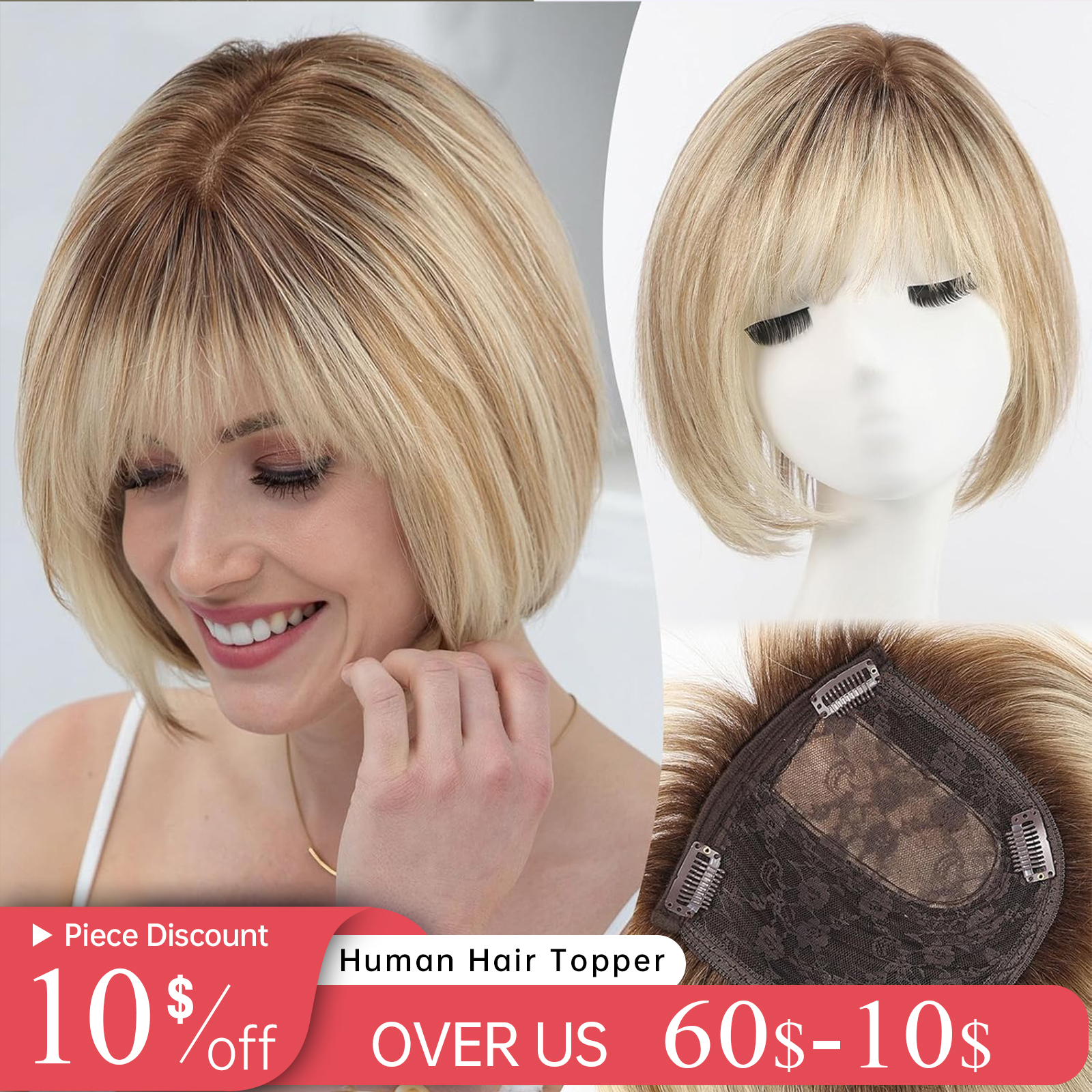 10 inch korte bob remy haar toppers gemengd blond bruin haar topper met pony zijdeel haarstukken voor vrouwen met dunner wordend haar
