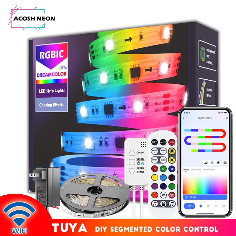 WS2811 lampu setrip LED warna mimpi, setrip lampu LED 16.4 kaki/5m RGBIC TUYA WiFi, setrip lampu sinkronisasi musik pintar tahan air dapat dikontrol aplikasi ponsel