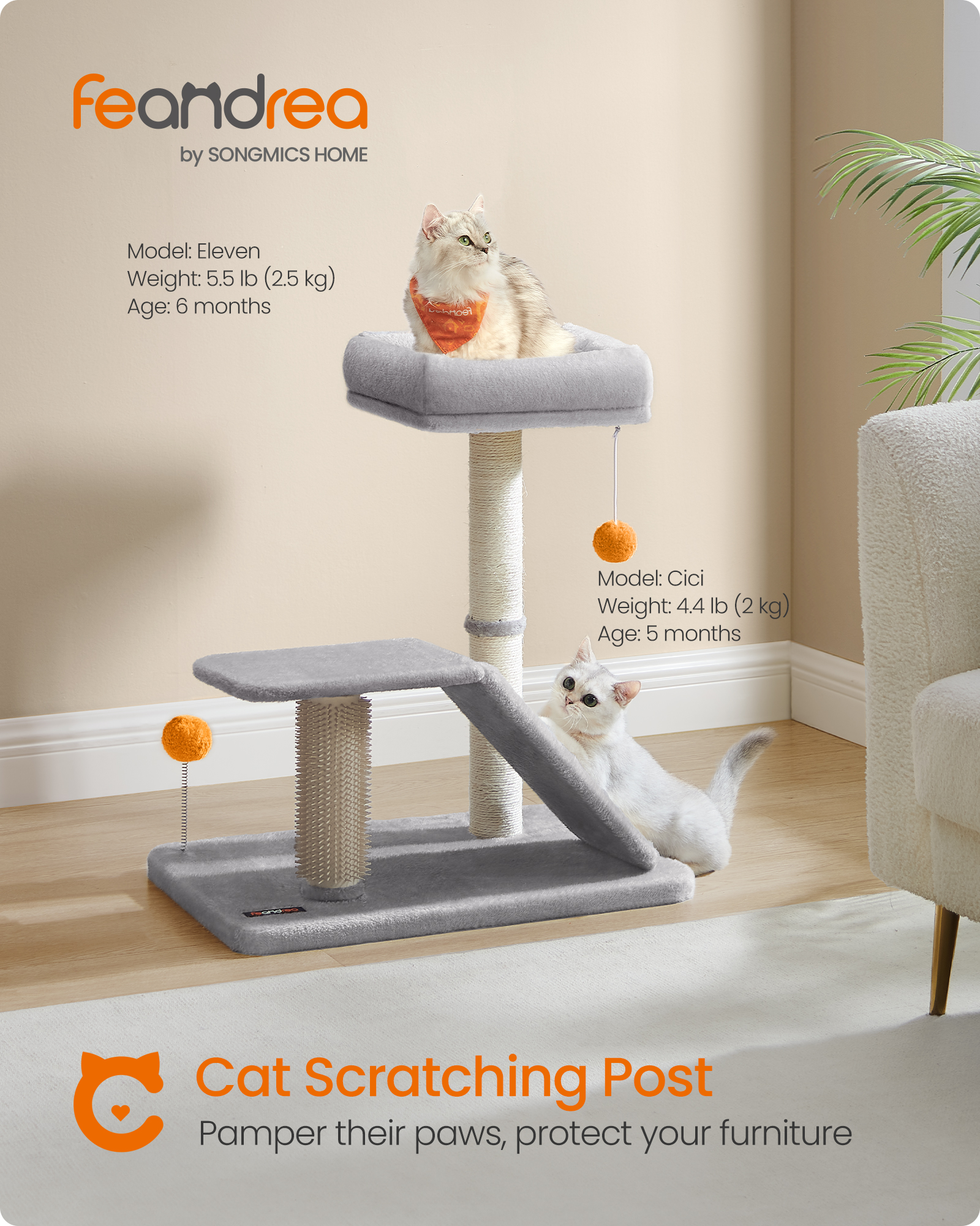 Feandrea poste rascador para gatos con cama, rascador multifuncional para gatos con rampa giratoria para rascar, perca, autoaseo
