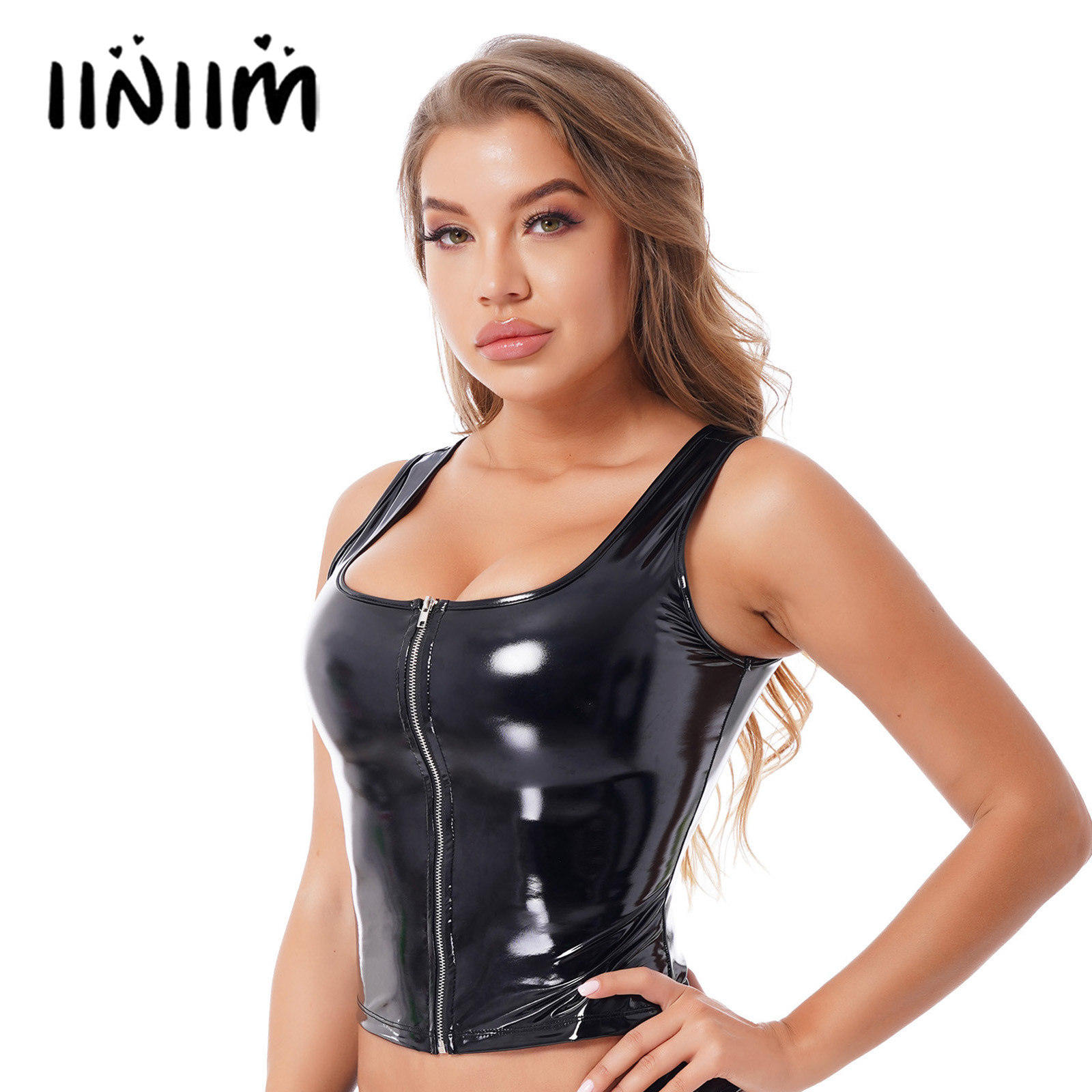 Canotta da donna in pelle verniciata con cerniera alla moda, look bagnato, abito da festival rave, gilet senza maniche con scollo a U per club pole dance