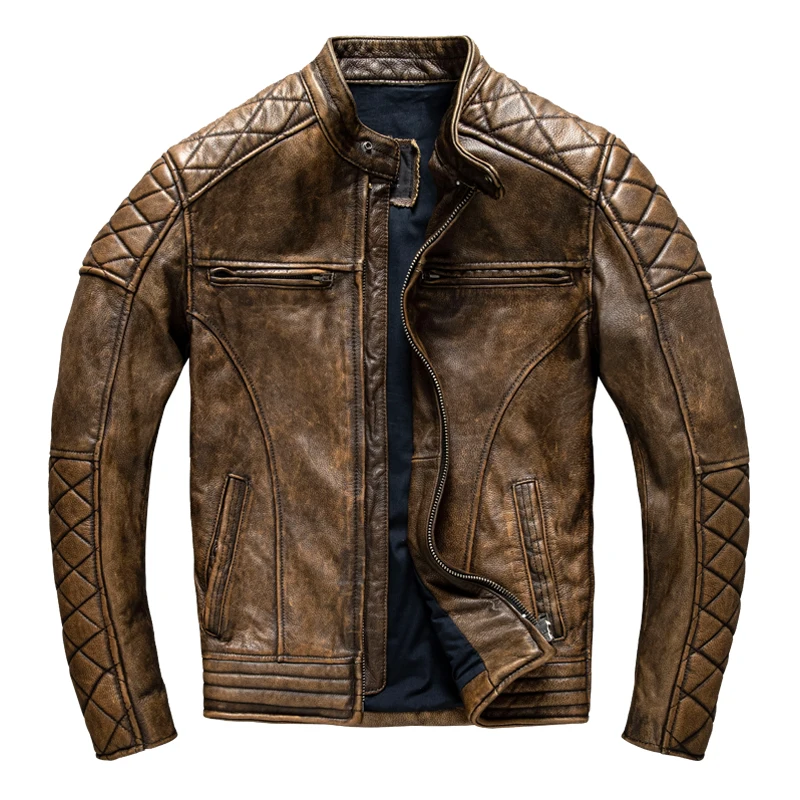 Vintage Herren Lederjacke Gelb-Braun Dick 100% Echtes Rindsleder Bikerjacke Slim Fit Herren Motorradjacke Frühling ASIATISCHE GRÖSSE