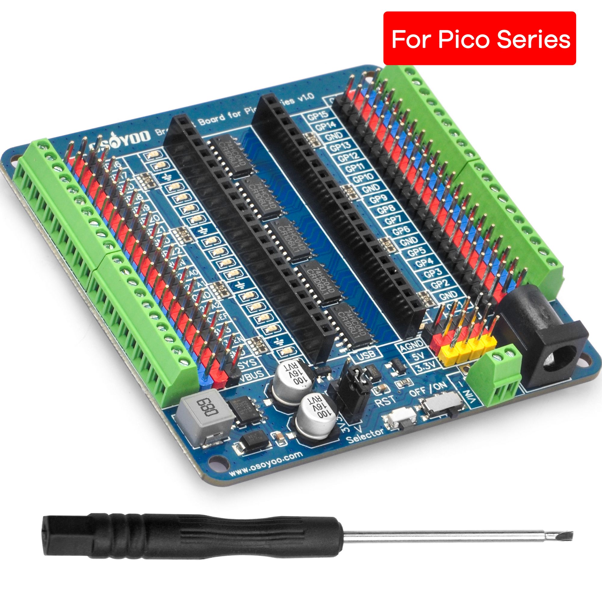 OSOYOO Breakout Board voor Raspberry Pi Pico - GPIO Status-LED's, bescherming tegen omgekeerde stroom, 3-pins sensor/servo-interface