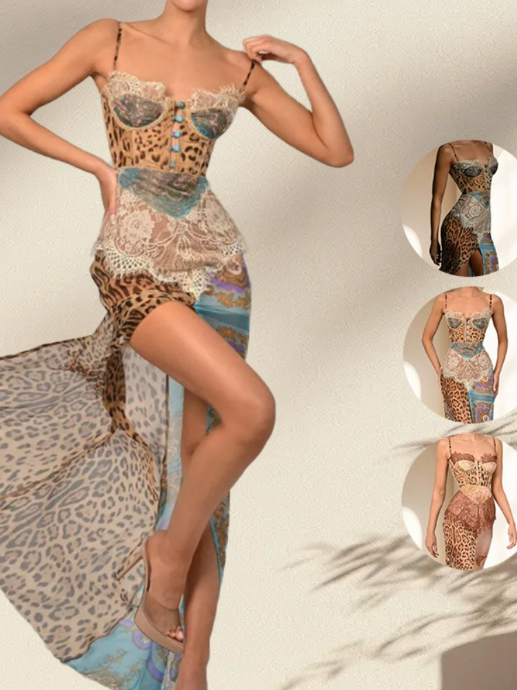 Neues Sommer-Leopardenmuster Spitzen-Schlitz Sexy Maxikleid Damen Abendkleid Elegantes Patchwork Chiffon Ärmellos Rückenfrei Strand-Abendkleid