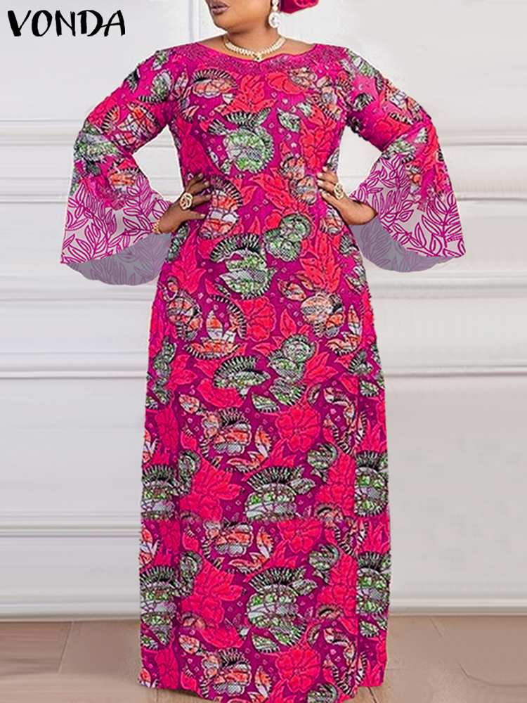 VONDA-Vestido largo de talla grande 5XL para mujer, traje bohemio con estampado Floral, manga larga acampanada, elegante e informal, para otoño, 2024