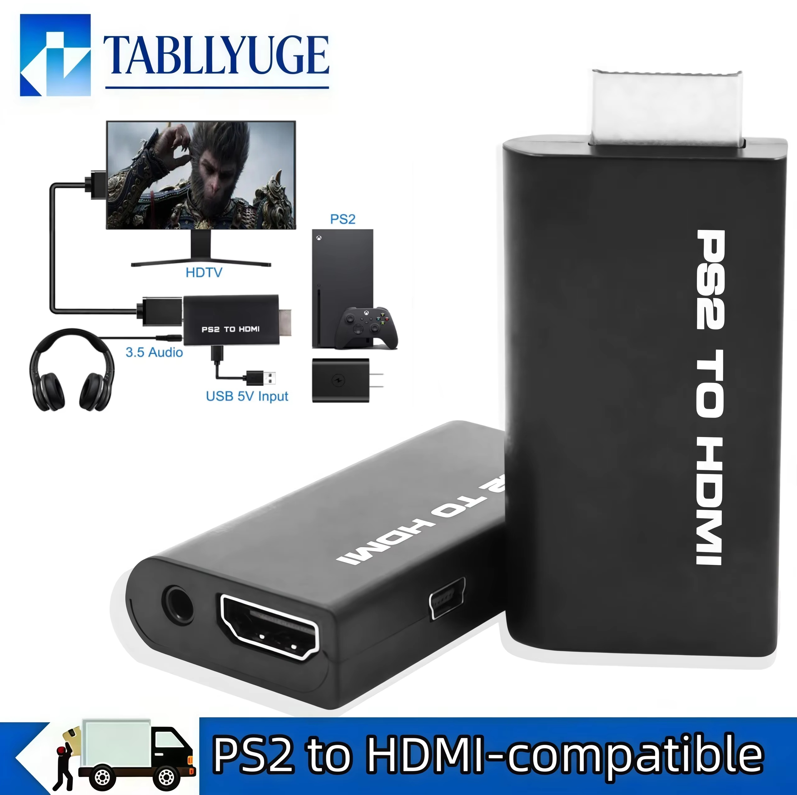 480i 480p 576i PS2 naar HDMI-compatibele audio-video converteradapter Ingebouwde 3,5 mm audio-uitgang voor PS2 Alle weergavemodi