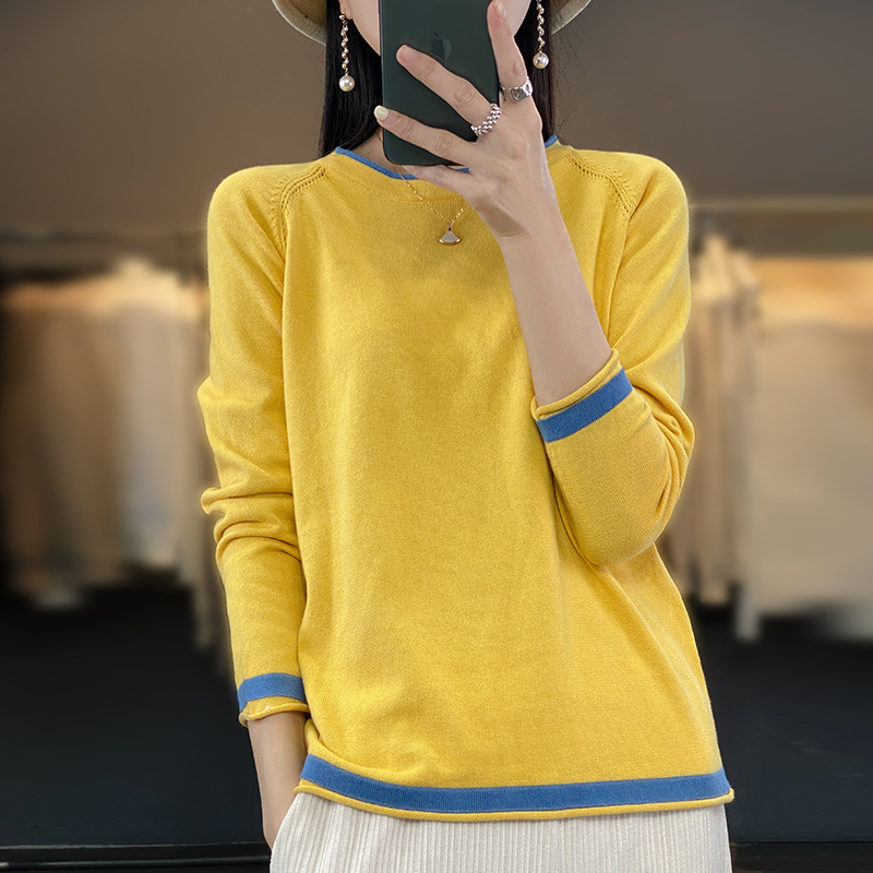 綿 100% ニットウェアの女性のラウンドネックセーター春と夏の新ルーズカラーマッチングコットンとリネンボトリングシャツ