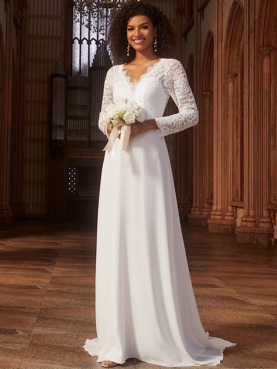 Vestidos de casamento elegantes renda oca com decote em v forrado até o chão 2025 sempre bonito de sexy chiffon branco baile de formatura feminino vestido formal