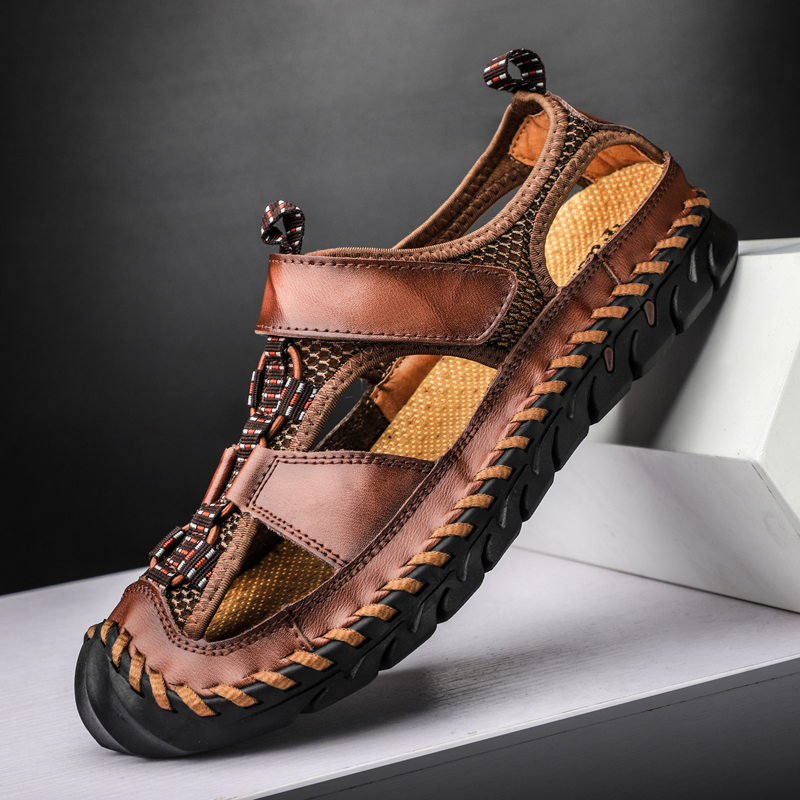 Sandalias de verano de cuero para exteriores, zapatos de playa para hombre, sandalias informales transpirables de lujo, zapatos para caminar para hombre, zapatillas cómodas antideslizantes
