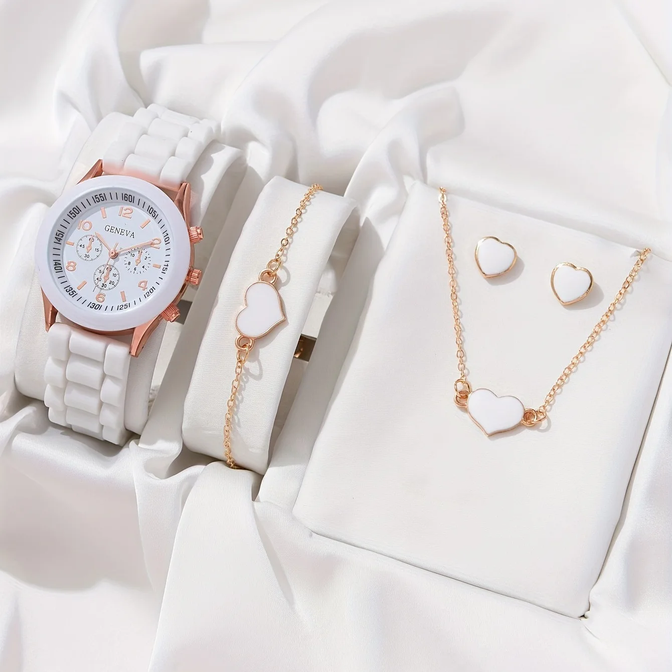 5PCS ชุดหรูหรานาฬิกาผู้หญิงแหวนสร้อยคอต่างหู Rhinestone แฟชั่นนาฬิกาข้อมือหญิงสุภาพสตรีนาฬิกาสร้อยข้อมือชุดนาฬิกา