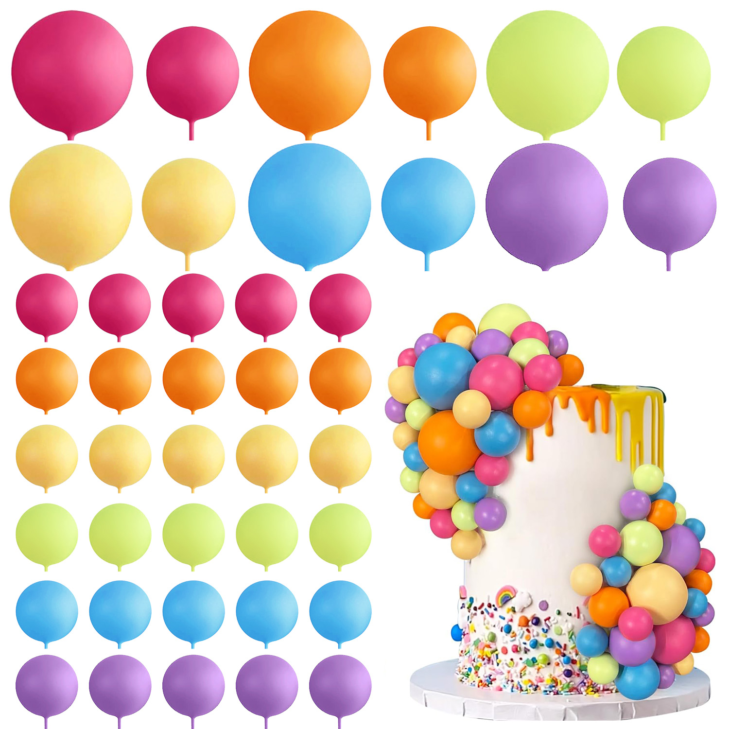 42 PCS Ball Cake Picks Colorful Ball Shaped Cake Topper Pearl Balls Cupcake Cake Insert Topper for Birthday Party Wedding Decor