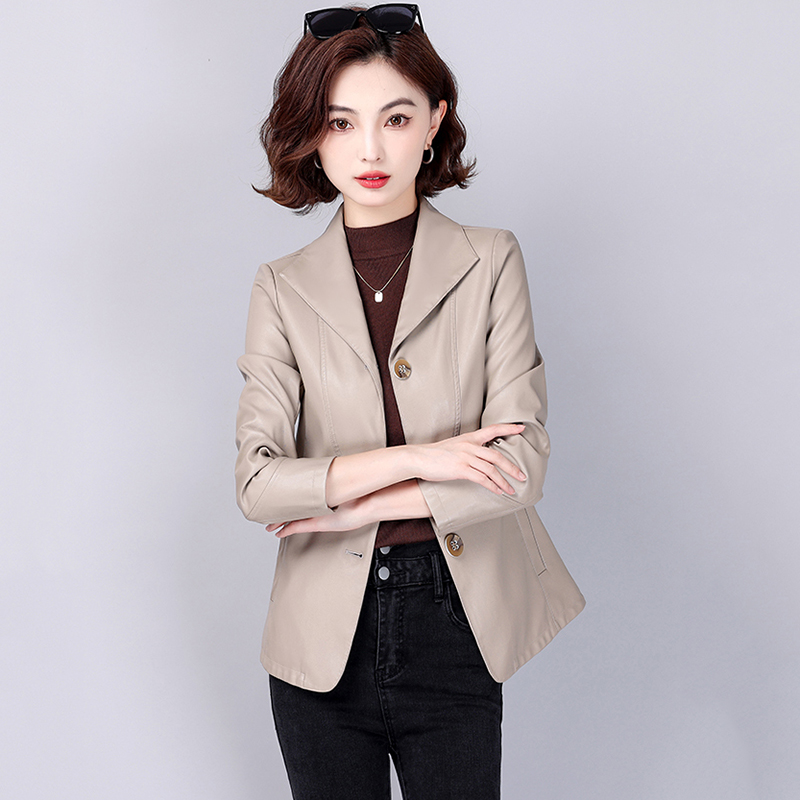 Nuevo Mujer Chaqueta de cuero Primavera Otoño Moda elegante Cuello vuelto Secretaria Chaqueta delgada Cuero Serraje Abrigo corto