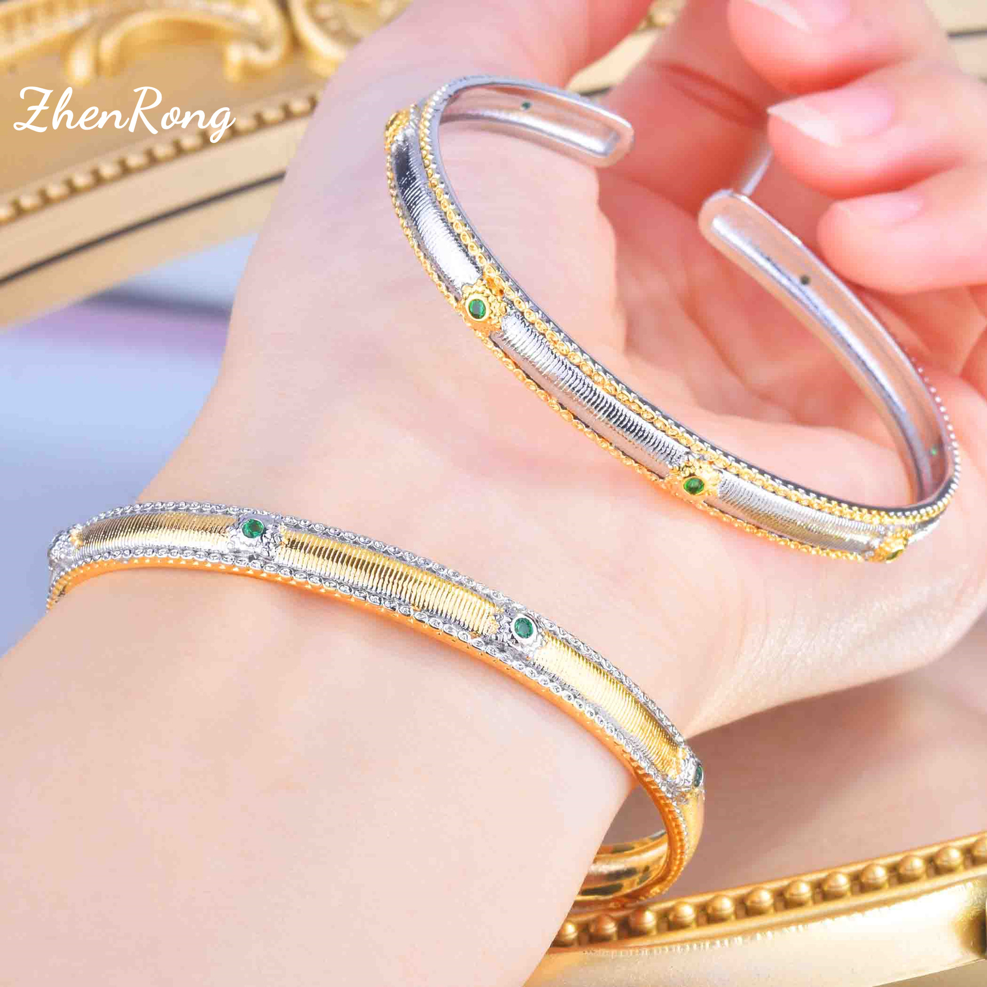 Foydjew Italian Vintage Craft Luxury Jewelry Inlaid Zircon Bracelets Two-color Golden Banquet Adjustable Bracelet For Women