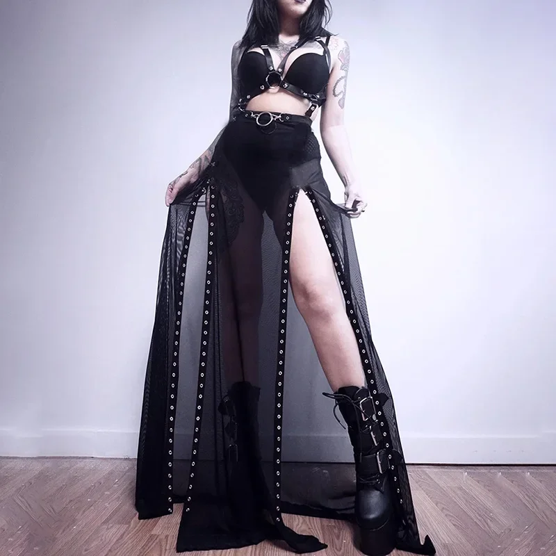Punk Black Hollow Out Skirt, Harajuku, Y2K, Goth, Grunge, Patchwork, Eyelet Split, Long Skirt, Sexy Night Club, Summer
