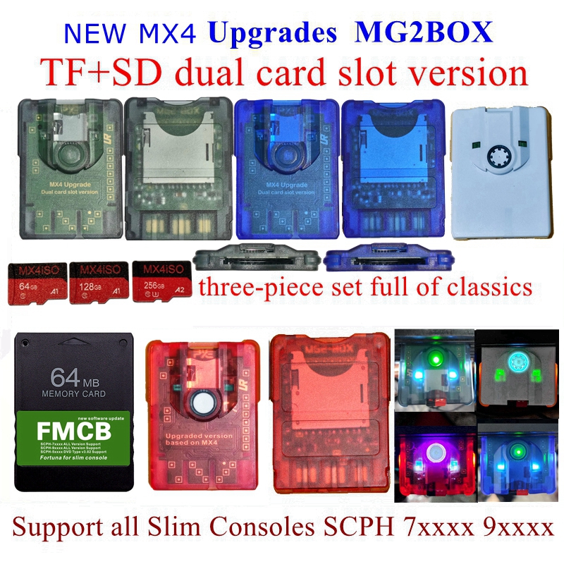 Adaptor Kartu TF SD PS2 MX4 Dual Slot Edition MG2BOX Untuk PS2 +256G/128G/64G Combo + Kartu Funtuna FMCB 128M Untuk Konsol Slim