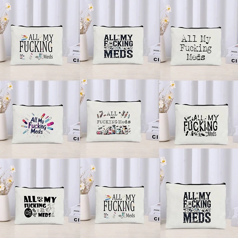 Bolsa de maquillaje con cremallera y patrón All My Meds, el mejor regalo para diabéticos, estuche de cosméticos para mujer, bolsa de almacenamiento de medicina, organizador de viaje