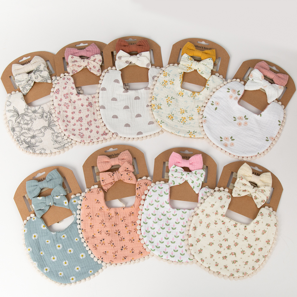3 pçs/set bebê flor babadores & headbands arco náilon hairbands dupla face saliva toalha alimentação burp pano cachecol meninos meninas headwear