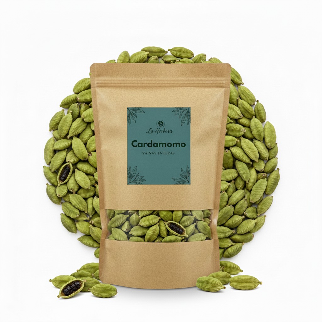 La Herbera |   Cardamomo Elettaria cardamomum semilla entera, cardamomo verde, cardamomo de Malabar, de Ceilán |   infusión, cocina, repostería |   especias a granel |   envasado en España, sin aditivos, vainas enteras de cardamomo verde
